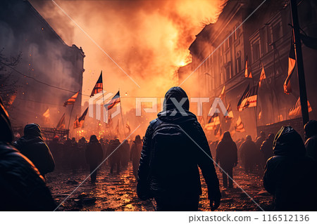 People waving Ukrainian flags at a rally for peace. 116512136