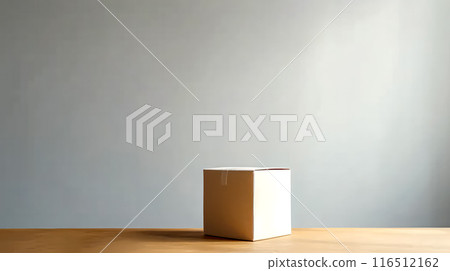 An empty cardboard box casting a shadow with a window cutout 116512162