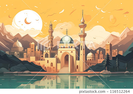 A colorful drawing of a mosque with a blue sky background. A colorful drawing of a mosque with a blue sky background. 116512264
