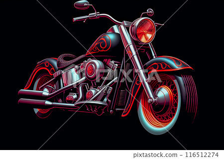 A colorful motorcycle with a neon light on the front wheel. 116512274