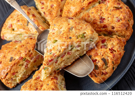 Ham and cheese triangle american scones, top view 116512420