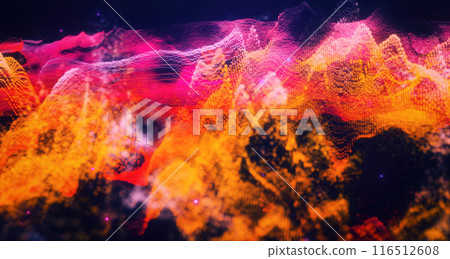 Abstract moving futuristic landscape of particles and dots of energy magic with glow and blur effect, abstract background Abstract moving futuristic landscape of particles and dots of energy magic with glow and blur effect, abstract background 116512608