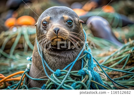 A fur seal was caught in fishing nets on the deck of a boat. Close-up. Marine animal protection concept 116512682