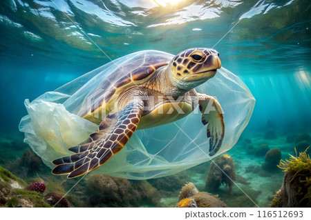 A sea turtle was caught in a plastic bag trap. Photo underwater with sunlight 116512693