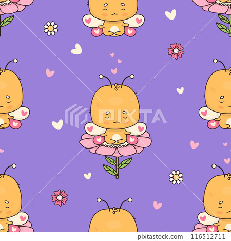 Seamless pattern with cute meditating butterfly on flower on violet purple background. Vector illustration. Cartoon insect kawaii character. Kids collection. Seamless pattern with cute meditating butterfly on flower on violet purple background. Vector illustration. Cartoon insect kawaii character. Kids collection. 116512711