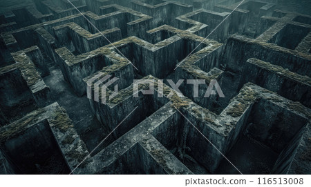 Dark old concrete walls maze, vintage endless surreal labyrinth, grungy grey dirty building. Concept of puzzle, problem, uncertainty, background, illustration, pattern, 116513008