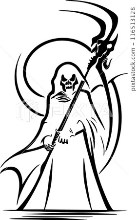 Black graphic silhouette of the reaper of death, badge, logo, tattoo 116513128