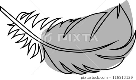 drawing of a gray bird feather with a black outline, decorative element, logo 116513129
