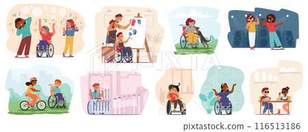 Set Of Children With Disabilities Participating In Various Developmental Activities Such As Art, Music Play And Learning 116513186