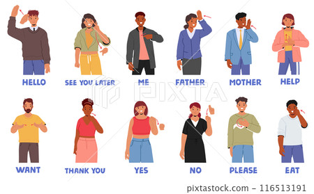 Diverse People Characters Demonstrating Basic Sign Language, Including Phrases Like Hello, Thank You, Help, See You 116513191