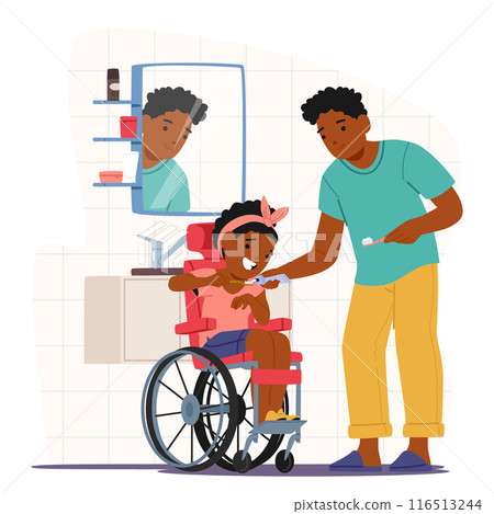 Father Helping His Daughter In A Wheelchair Brush Her Teeth In The Bathroom. Vector Scene Conveys Care, Support Father Helping His Daughter In A Wheelchair Brush Her Teeth In The Bathroom. Vector Scene Conveys Care, Support 116513244