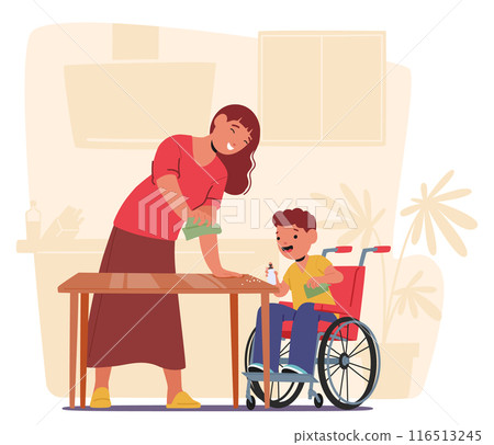 Mother Helping A Boy In A Wheelchair Learn Self-care Skills At Home. Family Characters Are Interacting Happily At Table Mother Helping A Boy In A Wheelchair Learn Self-care Skills At Home. Family Characters Are Interacting Happily At Table 116513245