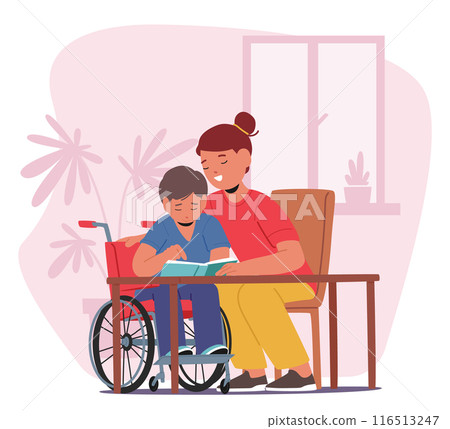 Teacher Or Mother Assisting A Student Boy In A Wheelchair With Homework. The Supportive And Encouraging Environment 116513247