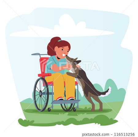 Young Child In Wheelchair, Outdoors, Interacting Joyfully With A Service Dog. Cartoon Vector Scene Depicts Companionship 116513256