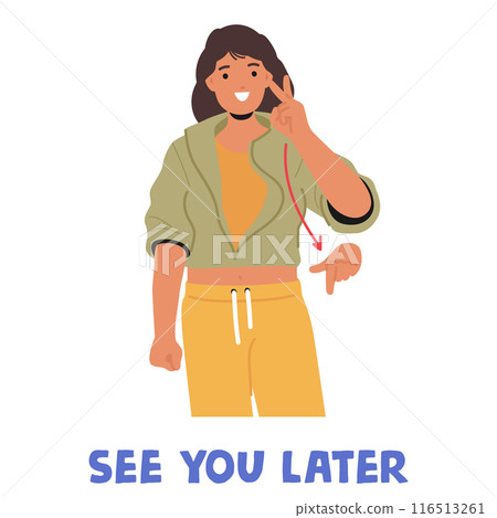 Young Woman Character In Casual Clothing Using American Sign Language To Say See You Later, Cartoon Vector Image 116513261