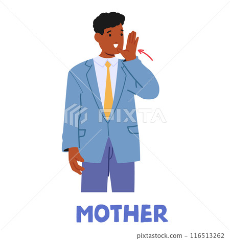 Black Man Performing The Sign Language Gesture For The Word Mother. Cartoon Character Wearing A Blue Formal Suit 116513262