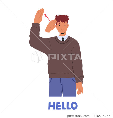 Young Man Using Sign Language To Say Hello. Character Making Hand Gesture For Greeting, Shown With An Arrow 116513266
