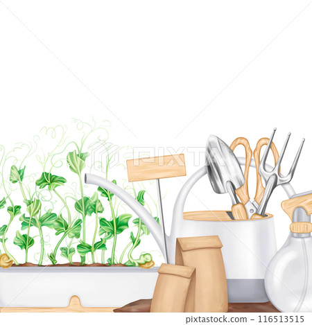A composition of tools: watering can, rake, shovel, sprayer, seeds, boxes of greens. Garden equipment. Agriculture, cultivation of plants and flowers. Frames for decoration, boards for design A composition of tools: watering can, rake, shovel, sprayer, seeds, boxes of greens. Garden equipment. Agriculture, cultivation of plants and flowers. Frames for decoration, boards for design 116513515