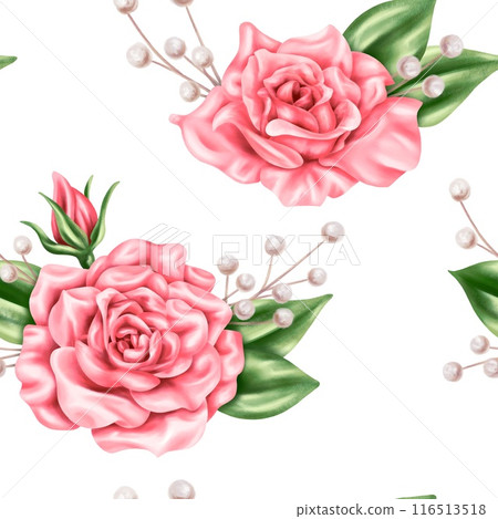 Seamless pattern of vintage pastel pink rose buds and green leaves. Romantic and beautiful digital illustration, repeating pattern. For invitations, date saving and greeting card 116513518