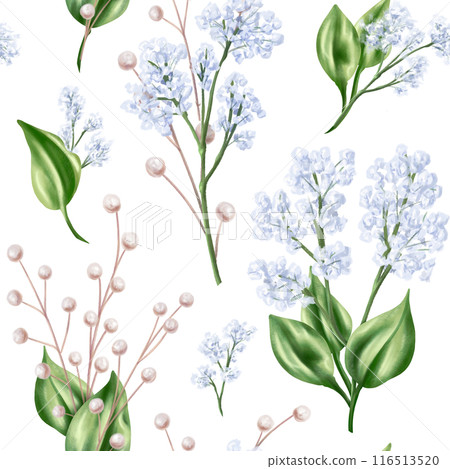 Seamless pattern of blue gypsophila twigs and green leaves. Romantic and beautiful digital illustration, repeating pattern. For decoration and design of invitations, date saving, greeting card Seamless pattern of blue gypsophila twigs and green leaves. Romantic and beautiful digital illustration, repeating pattern. For decoration and design of invitations, date saving, greeting card 116513520