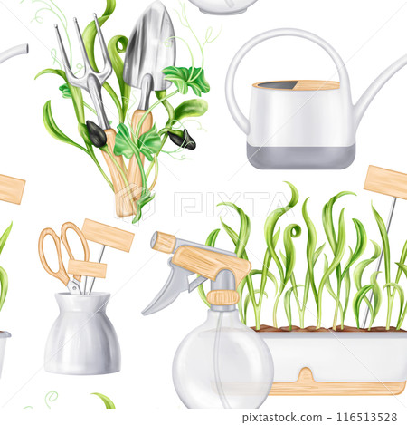 A seamless pattern of garden tools for a florist to work with plants and soil in greenhouses. Seedlings with microgreens for healthy nutrition. Care of indoor plants. Digital isolated illustration 116513528