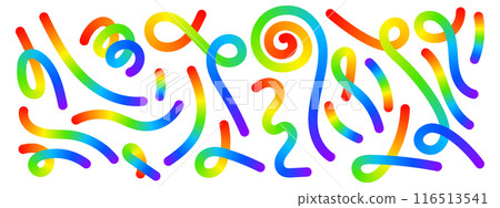 Set of rainbow colored curvy lines isolated on white background. Cool colorful squiggles, stripes, spirals and loops in spline style. Organic doodle figures with gradient effect. Vector illustration 116513541