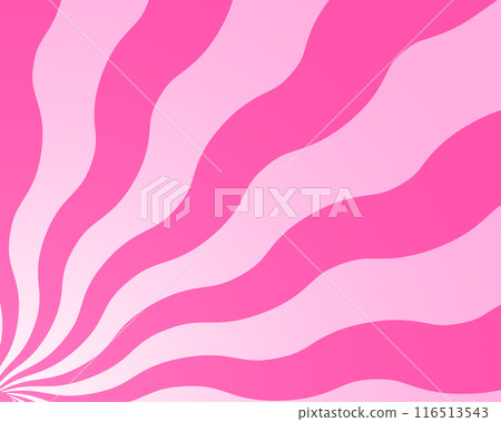 Wavy pink radial stripes corner background. Strawberry lollipop, candy, yogurt, ice cream or marshmallow print. Sunburst, explosion or surprise cartoon effect. Groovy y2k pattern. Vector illustration 116513543