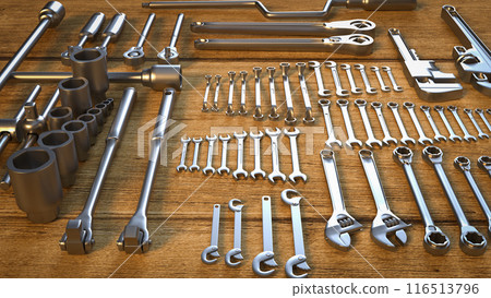 The garage tool on wood table for workshop or fix content 3d rendering. 116513796