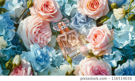 Perfume bottle with beautiful flowers. Floral background. Beauty concept. Flat lay, top view. 116514038