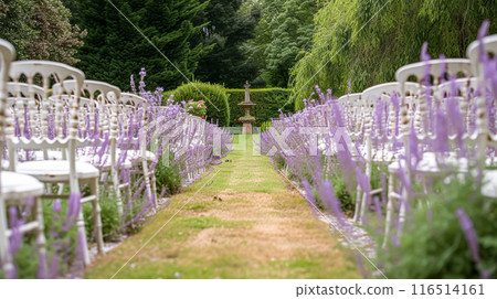 Wedding Ceremony Decorated with Lavender Flowers in the garden. Holiday concept 116514161