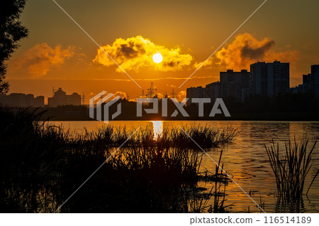 Sunset over the Moscow-city and the lake, Russia. The sun is reflected in the water. 116514189