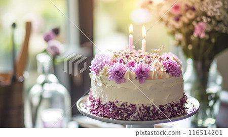 Birthday cake decorated with candles and flowers on the festive table with pink baloons. Selective focus Birthday cake decorated with candles and flowers on the festive table with pink baloons. Selective focus 116514201