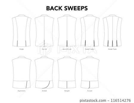 Set of Back Sweeps Jacket Coat details - Godet Single, Double Triple, Arched styles technical fashion illustration. Flat 116514276