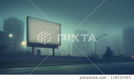 Large empty billboard on a misty urban street at night with city lights. AIG35. 116514365