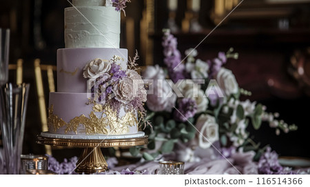 Wedding table decoration with lavender flowers, sweets, cake and candles 116514366