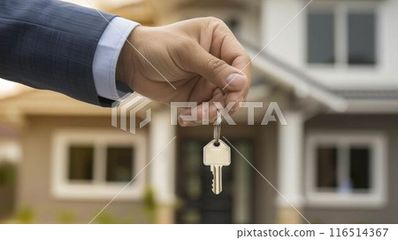 Real estate agent holding house keys in front of a house AIG535 116514367