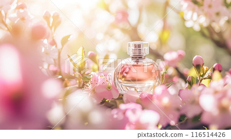 Perfume bottle with beautiful flowers. Floral background. Beauty concept. Flat lay, top view. Perfume bottle with beautiful flowers. Floral background. Beauty concept. Flat lay, top view. 116514426