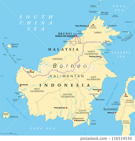 Borneo, divided among Malaysia, Brunei and Indonesia, political map. Third-largest island in the world and one of the Greater Sunda Islands, in the geographic centre of Maritime Southeast Asia. Vector Borneo, divided among Malaysia, Brunei and Indonesia, political map. Third-largest island in the world and one of the Greater Sunda Islands, in the geographic centre of Maritime Southeast Asia. Vector 116514530