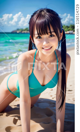 Young woman in swimsuit smiling on beach with blue sky 116514729