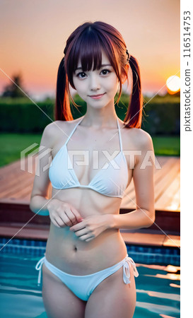 Young woman in swimsuit smiling by the pool at sunset 116514753