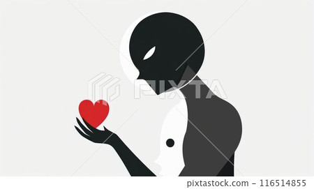 The image is a black and white illustration of a person holding a heart 116514855