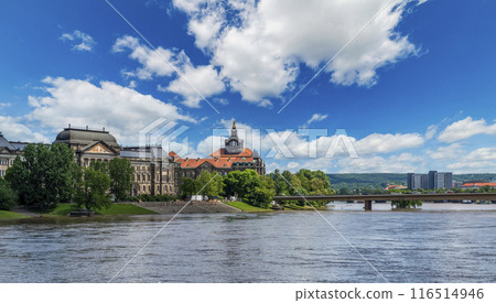 View on the Saxon State Ministry and Saxon State Chancellery and Carola Bridge in Dresden, Germany, after 2013 European floods View on the Saxon State Ministry and Saxon State Chancellery and Carola Bridge in Dresden, Germany, after 2013 European floods 116514946