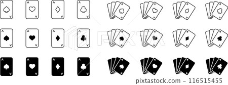 Vector monochrome playing card line art and silhouette icon set Vector monochrome playing card line art and silhouette icon set 116515455
