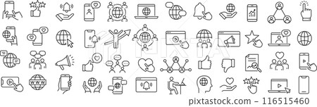 與評估和 SNS 相關的向量單色線描圖示集 116515460