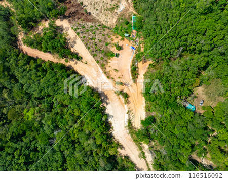 Mountain environmentally hazardous area,Top view tropical jungle natural landscape in Asia,Soil under condition of the erosion as the cliff by human 116516092