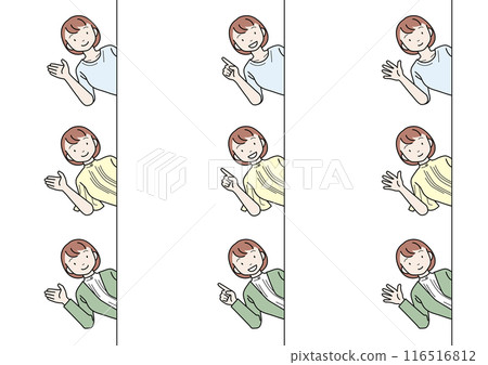 Explanation, guidance, introduction: A set of a smiling young woman peeking out from the side Explanation, guidance, introduction: A set of a smiling young woman peeking out from the side 116516812