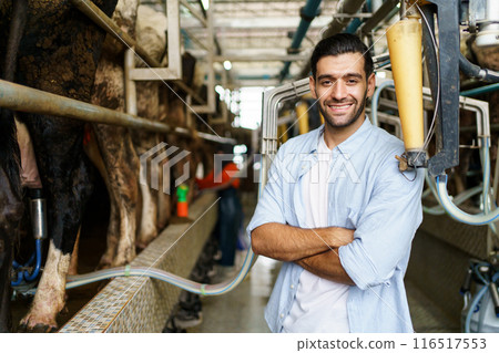 Happy cheerful Middle East - Asian male farmer collecting a dairy milk and smiling to camera. Male vet or veterinarian inspecting a livestock cows in farm. Happy cheerful Middle East - Asian male farmer collecting a dairy milk and smiling to camera. Male vet or veterinarian inspecting a livestock cows in farm. 116517553