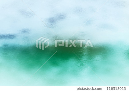 Abstract landscape art with a tranquil impression of green land in the distance over the sea, a blue sky with floating clouds, and blue-green watercolor-style color image 116518013