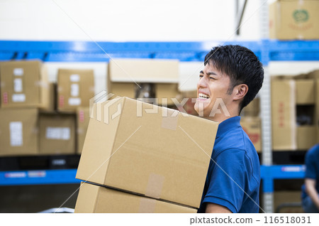 Young man working in a warehouse, hard work 116518031