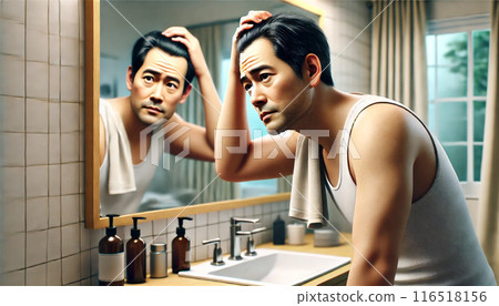 Illustration of a man suffering from thinning hair Illustration of a man suffering from thinning hair 116518156